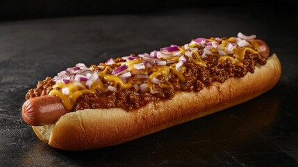 Loaded Chili Cheese Dog - hot dog topped with chili, cheese, and onions