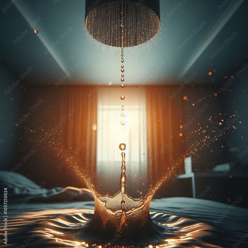 Poster a single drop falling from the ceiling creating a splash ;
