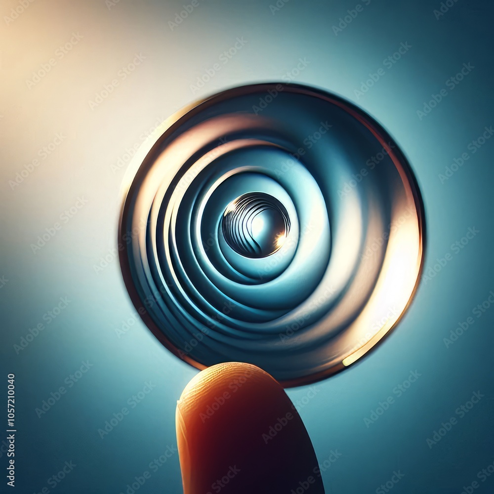 Poster a single drop acting as a magnifying glass distorting the reflec