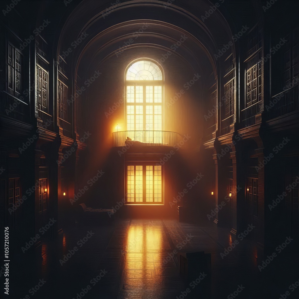 Poster a single illuminated window in a darkened building ;