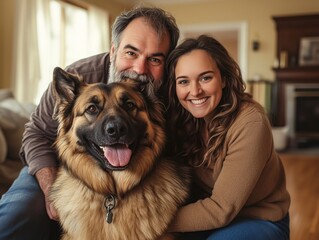 A joyful family moment featuring a smiling couple and their happy German Shepherd in a cozy living room setting.