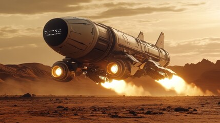 Futuristic Sci-Fi Spacecraft Landing on Alien Planet with Glowing Engines and Research Stations in Barren Landscape