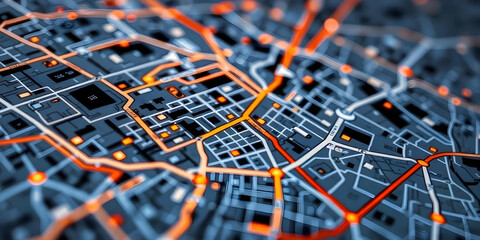 Close-up of a city map highlighted with glowing neon blue and pink lights, featuring a red navigation pin element, intricate abstract geometric patterns, and a softly blurred background