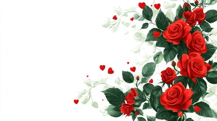 Bouquet of red roses and hearts on white background. Valentine's day, banner format. Place for text. with generative ai