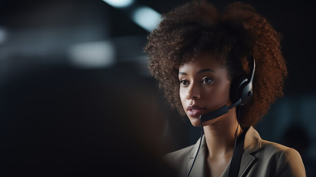 Afro curly-haired female customer service representative working on a laptop at the office, with a friendly expression, focused on assisting clients. Bright, professional lighting.