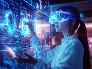 Futuristic e-learning platform with students interacting with holographic content