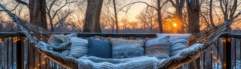 Poster a hammock is set up in a snowy forest with a sunset in the background