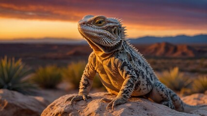 A bearded dragon perched on a rock against a stunning sunset backdrop.