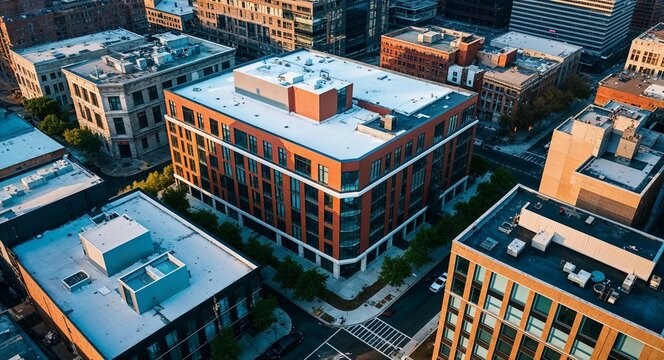 Aerial of city block with mix of modern architecture