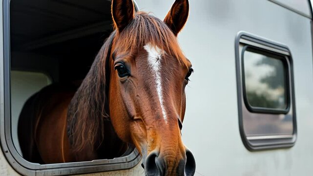 Horse Peeking Out From Trailer