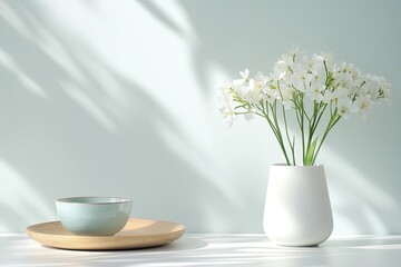 Minimalist decor with white flowers and ceramic bowl