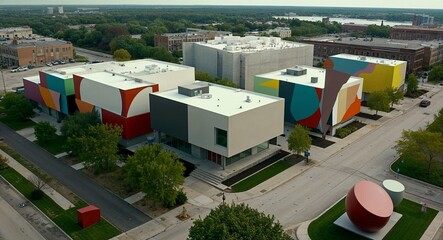 Fototapeta premium Aerial of modern arts district with abstract sculptures