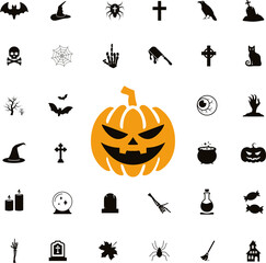 Horror and scary faces and other Halloween symbols silhouette icons set. Halloween pumpkin, emoji and tattoo ghost smile spooky jack evil mouth eyes scary - illustration.