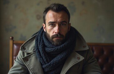 Portrait of a man with a beard wearing a thick scarf, seated indoors in a vintage setting during the winter season