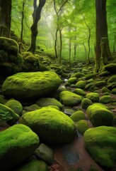 lush green moss covered boulders surrounded trees tranquil forest landscape soft light peaceful atmosphere, nature, rock, stone, water, scenery, woodland