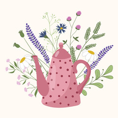 Vector illustration of a doodle teapot with herbal tea