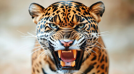 Fototapeta premium Portrait of a wild leopard with open mouth and sharp teeth