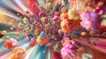 Fototapeta premium 3D color explosion with vibrant, floating particles and layers of depth in an abstract, dynamic scene