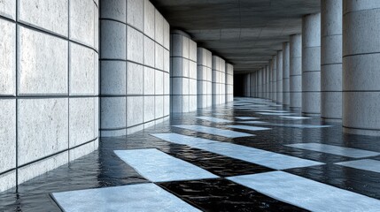 Futuristic Architecture  Modern Design  Concrete Columns  Checkered Floor  Water Reflectio