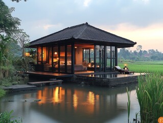 Obraz premium Tranquil Island Retreat with Serene Pond Reflection and Lush Vegetation