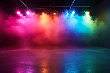 Abstract dark background of an empty room with a concrete floor, illuminated by colorful spotlights, with smoke and dust in the air. This serves as a background for product presentation.