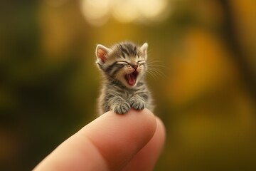 Adorable miniature cat perched on someone's finger and yawning	