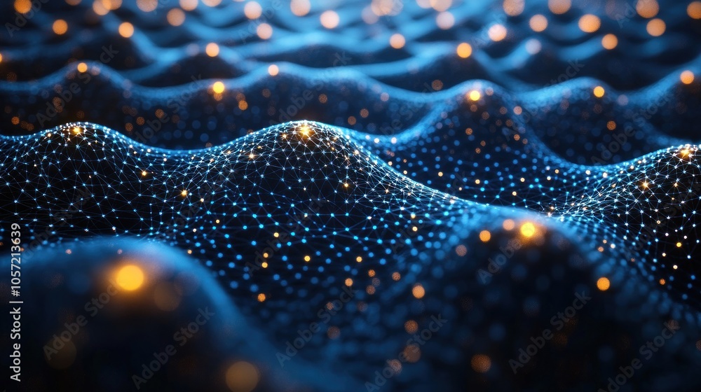 Poster abstract representation of waves with glowing particles.