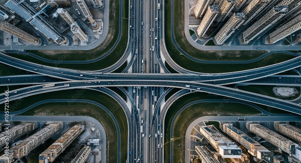 Poster aerial view of intricate road network with multiple exits