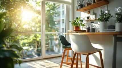 Sunlight filters through a modern kitchen adorned with lush potted plants, casting gentle shadows on the countertop, creating a fresh and vibrant atmosphere.