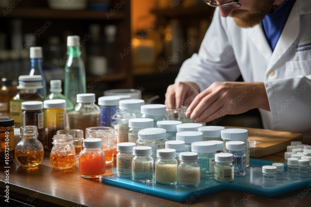 Poster a scientist organizes various jars and vials in a laboratory setting for experimentation.