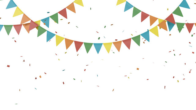 Colorful bunting flag and confetti for party festive on transparent background