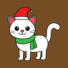Christmas-Themed Cute Cat Illustration for Holiday Designs, Cute Christmas Cat with Big Eyes and Santa Hat