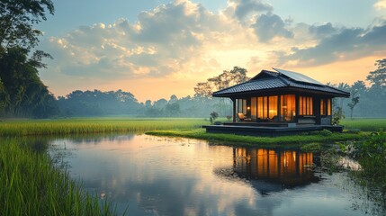 Fototapeta premium Solar-powered small house by a peaceful pond in a serene rural landscape