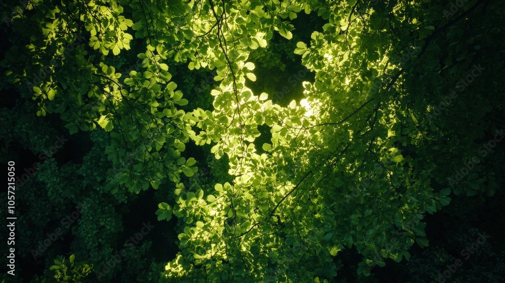 Poster a view from below sunlight filtering through a dense forest canopy in summer