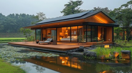 Obraz premium Solar-Powered Eco-Friendly Home by Tranquil Pond in Idyllic Countryside