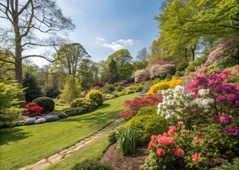 Obraz premium Vibrant Spring Garden Blooms with Lush Greenery and Copy Space for Text Overlay