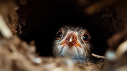 A juvenile bird peers inquisitively from its dimly lit nest, the softness of its feathers contrasting the earthy textures surrounding, capturing a moment of curiosity.