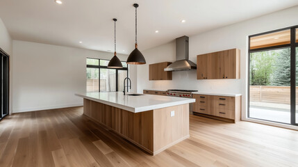 Modern kitchen interior with wooden cabinets, large island, pendant lights, and stainless steel appliances. Open space with hardwood floors and large windows overlooking outdoor area.