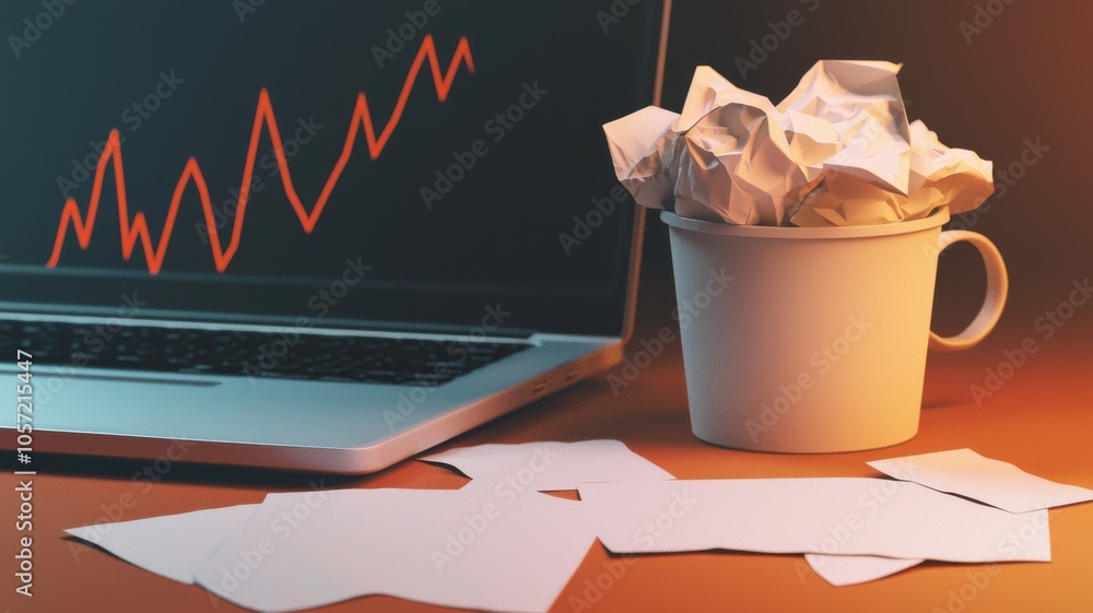 Poster a laptop displaying a rising graph next to a cup filled with crumpled paper, symbolizing brainstormi