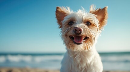 A cheerful terrier, fur blown by a gentle sea breeze, basks in the warmth of a sunlit beach, capturing the joy and freedom of a perfect seaside day.