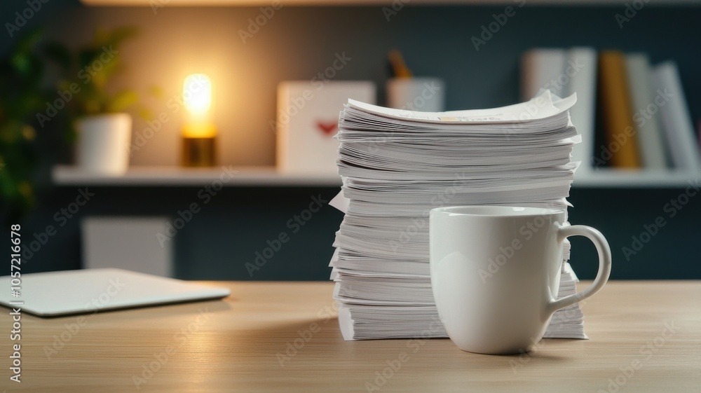 Poster a cozy workspace featuring a stack of papers next to a mug, illuminated by warm candlelight, creatin