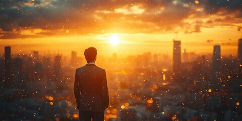 Fototapeta premium A Man in a Suit Stands with His Back Turned Towards a Cityscape at Sunset