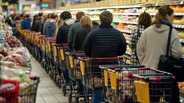 Busy Grocery Store Checkout Line