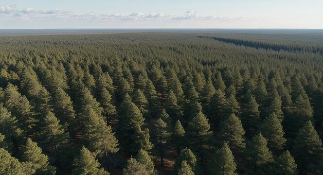 Expansive pine forest stretching to horizon aerial