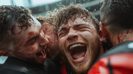 In a close-up, a football player beams ecstatically amid the shouts and celebrations of fellow teammates, embodying the team spirit and high emotions of the sport.