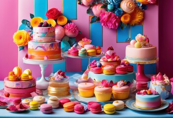 Fototapeta premium vibrant desserts displayed colorful background selective focus capturing their brilliant details rich textures, cakes, pastries, sweets, macarons, gelato