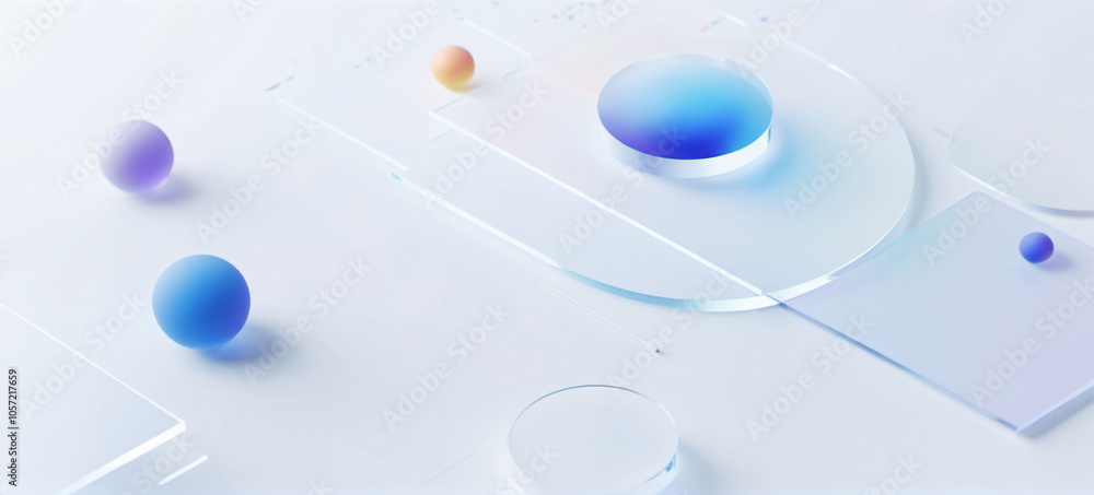 Poster a digital illustration featuring colorful translucent spheres and geometric shapes floating against 