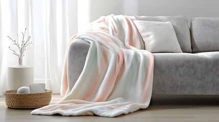 Watercolor Artistic using soft, brushy watercolor strokes, Soft Color, Single object picture - a cozy throw blanket with soft pastel stripes draped over a sofa