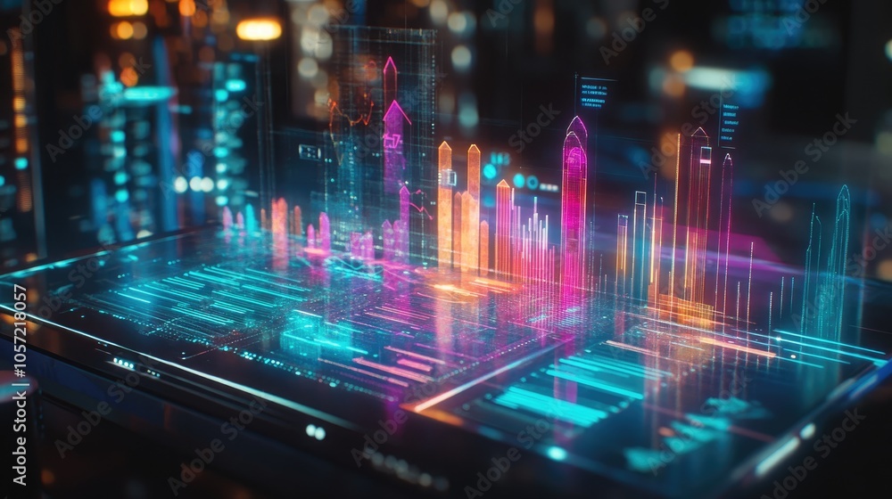 Poster a holographic digital interface with dynamic graphs, highlighting the innovative side of data scienc