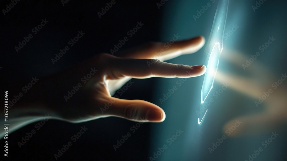 Poster hand interacting with a digital interface, touching a glowing screen, representing human-computer in